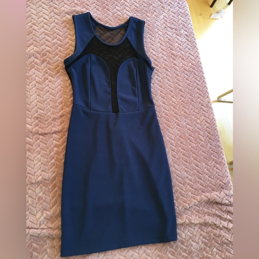 Blue and black mesh cut out body con dress